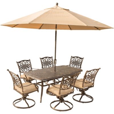 Hanover 7 pc. Traditions Outdoor Dining Set, Includes 72 in. x 38 in. Dining Table and 9 ft. Table Umbrella/Stand