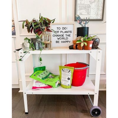 Image showing  Galvanized Steel Portable Multi-Use Two-Tier Trolley, Rolling Cart - Outdoor Garden Potting Table Work Bench, White