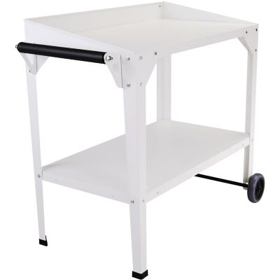 Image showing  Galvanized Steel Portable Multi-Use Two-Tier Trolley, Rolling Cart - Outdoor Garden Potting Table Work Bench, White