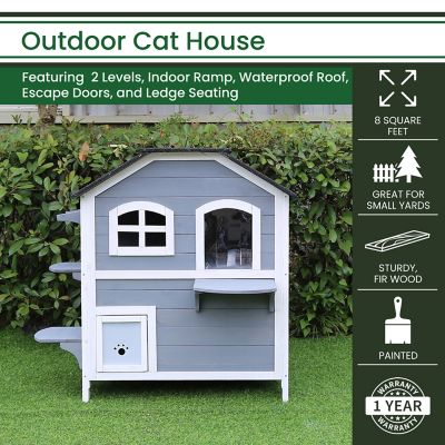 Image showing  2-Story Outdoor Wooden Cat House with Waterproof Roof, Escape Doors, and Ledge Seating
