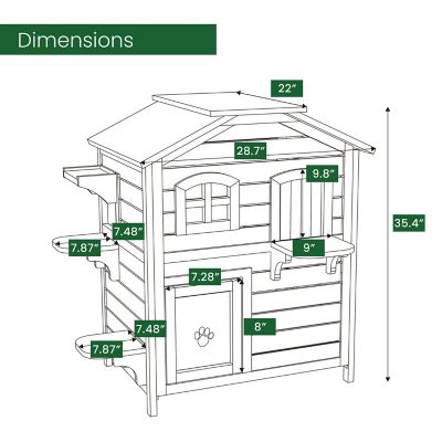 Image showing  2-Story Outdoor Wooden Cat House with Waterproof Roof, Escape Doors, and Ledge Seating