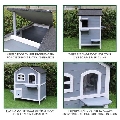 Image showing  2-Story Outdoor Wooden Cat House with Waterproof Roof, Escape Doors, and Ledge Seating