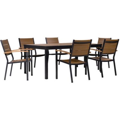 MOD 7 pc. Asher Faux Wood Outdoor Dining Set, Includes 6 Slat Aluminum Dining Chairs and 71 in. x 40 in. Table