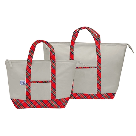 Chill Out! 20-Can Canvas Boat Tote Cooler Set, Cream with Plaid Detailing