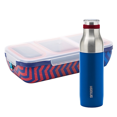 SMASH Bento Switch Up Lunch Box with Bottle, Leakproof with Adjustable Dividers and 16.9 oz. Bottle, Blue/Red