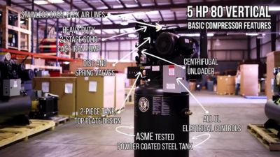 Image showing  5 HP 80 gal. Vertical Air Receiver, 175 PSI, 208V/230V, 1-Phase, 60 Hz, 18 CFM at 175 PSI