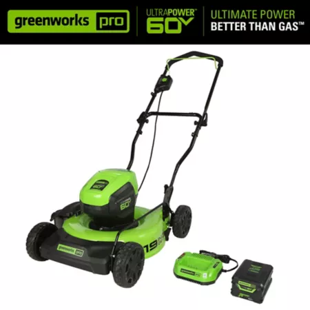 Greenworks 60V 19 in Brushless Cordless Push Lawn Mower 5.0 Ah Battery and Charger Push Lawn Mowers