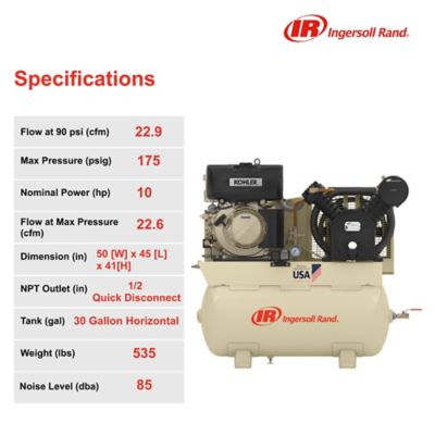 Image showing  10 HP 30 gal. 2-Stage Air Compressor, 175 PSI, Kohler Engine