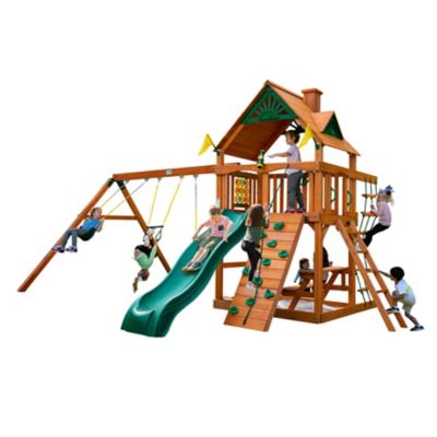 Gorilla Playsets Chateau Wooden Swing Set, Includes Slide, Picnic Table, Rock Wall and Playset Accessories