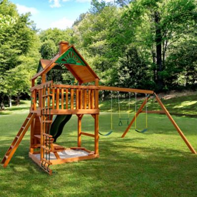Image showing  Chateau Wooden Swing Set, Includes Slide, Picnic Table, Rock Wall and Playset Accessories