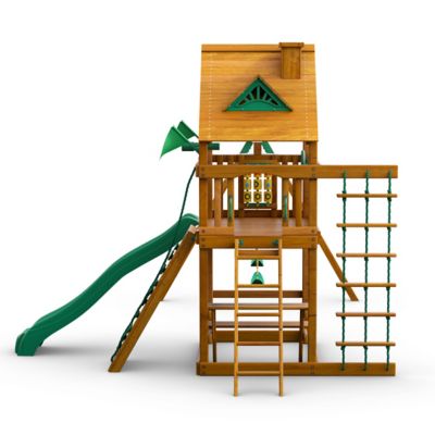 Image showing  Chateau Wooden Swing Set, Includes Slide, Picnic Table, Rock Wall and Playset Accessories