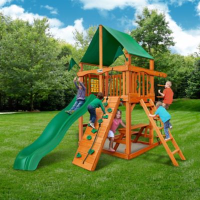Image showing 7 th Gorilla Playsets Chateau Tower Playset, Includes Green Vinyl Canopy, Slide, Rock Wall and Playset Accessories, 01-0061-AP-1