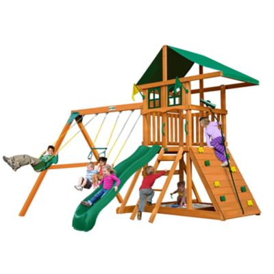 Gorilla Playsets Avalon Treehouse Wood Swing Set, Includes Slide, Rock Wall, Sandbox and Playset Accessories