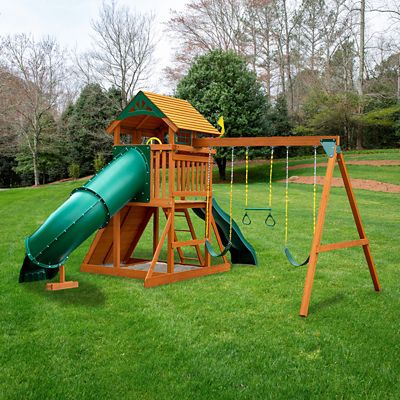 Image showing 7 th Gorilla Playsets Avalon Wood Swing Set, Includes Twister Tube, Rock Wall, Sandbox and Playset Accessories