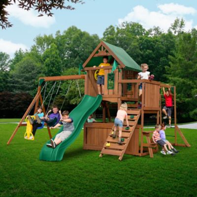 Image showing  Knightsbridge Plus Wood Swing Set, Wave Slide, Monkey Bars, Playset Accessories