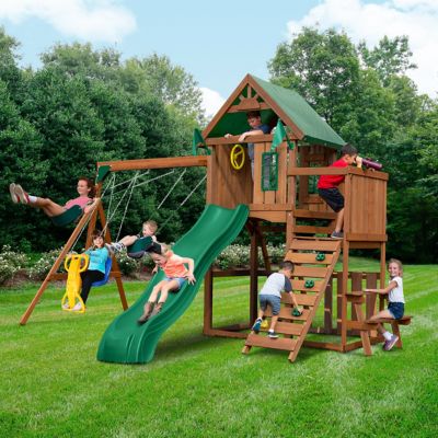 Image showing  Knightsbridge Wooden Swing Set, Wave Slide, Rock Wall, Playset Accessories
