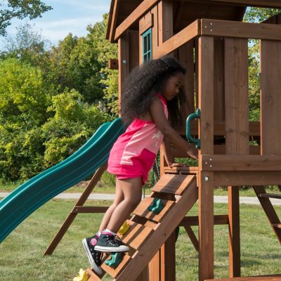 Image showing  Knightsbridge Wooden Swing Set, Wave Slide, Rock Wall, Playset Accessories