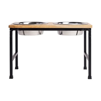 Image showing  Mango Wood and Metal Elevated Double Diner Pet Bowl Set