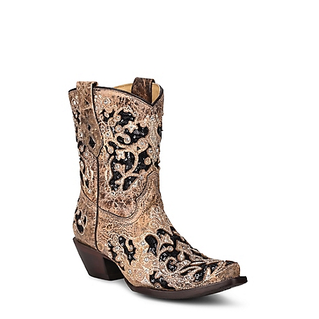 Corral Women's Embroidered with Inlay Cowhide Snip Toe Western Boots, Brown Honey