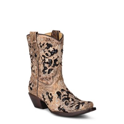 Corral Women's Embroidered with Inlay Cowhide Snip Toe Western Boots, Brown Honey