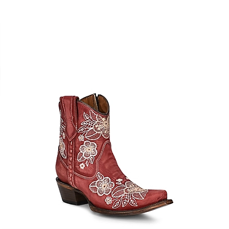 Circle G Embroidered Snip Toe Cowhide Western Boots, Red