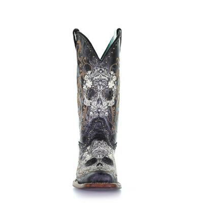 Image showing  Women's Embroidered and Studded Cowhide Square Toe Western Boots, Black