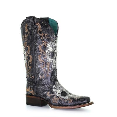 Corral Women's Embroidered and Studded Cowhide Square Toe Western Boots, Black