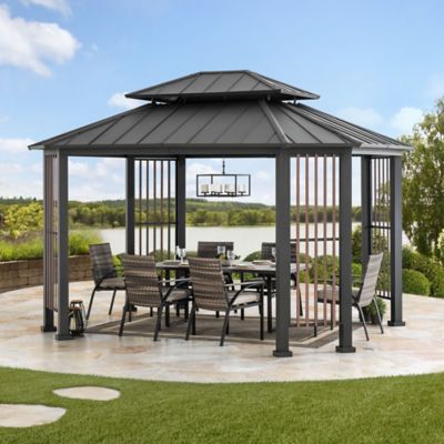 Image showing  11 x 13 ft. Hardtop Gazebo Outdoor 2-Tier Steel Hardtop Metal Gazebo with Dual Rails and Ceiling Hook