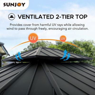 Image showing  11 x 13 ft. Hardtop Gazebo Outdoor 2-Tier Steel Hardtop Metal Gazebo with Dual Rails and Ceiling Hook