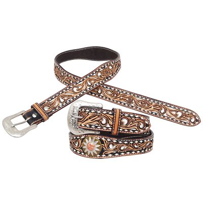 Circle Y Unisex Leather Daisy Filigree Belt, 1-1/2 in., White