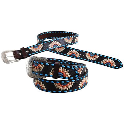 Circle Y Unisex Sunflower Buckstitch Leather Belt, 1-1/2 in., Brown/Turquoise