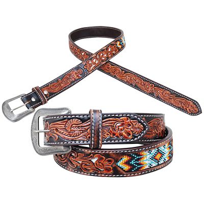 Circle Y Unisex Leather Tribal Inlay Belt, 1-1/2 in.