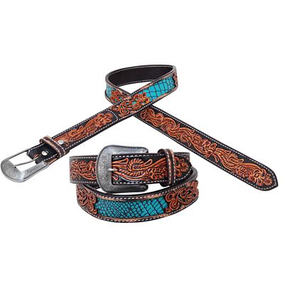 Circle Y Unisex Leather Turquoise Gator Filigree Vintage Belt, 1-1/2 in.