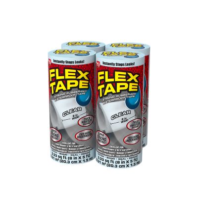 Flex Seal 8 in. x 5 ft. Flex Tape Clear Strong Rubberized Waterproof Tape, 4-Pack It has a very powerful adhesive that bonds tightly to seal out rain, cold air, water, etc without the hassles of mixing adhesives or handling caulk