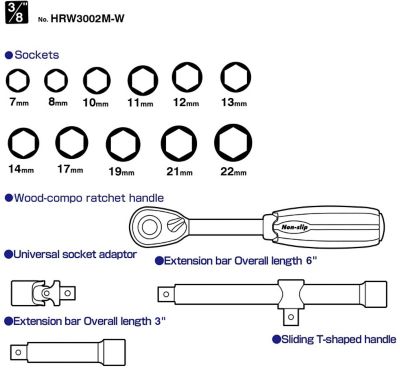 Image showing  Wood-Compo Socket Wrench Set No.HRW3002M-W 3/8 in. SQ Drive 16 pc. Set