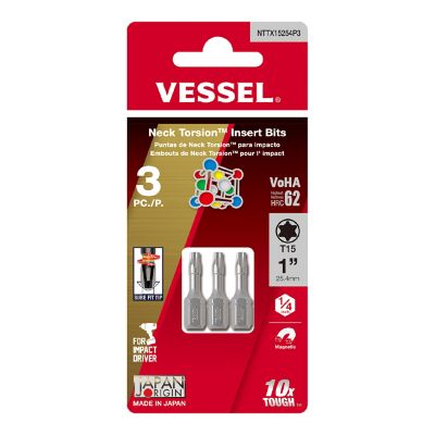 VESSEL 3 pc. T15 x 25.4 mm Neck Torsion Insert Bit Set, Card