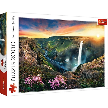Trefl 2,000 pc. Haifoss Waterfall in Iceland Jigsaw Puzzle, Showcases Idyllic Sunset Landscape