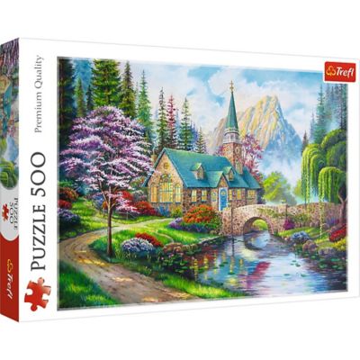 Trefl 500 pc. Woodland Seclusion Panorama Jigsaw Puzzle, Showcases Idyllic Landscape of Mountains, River and Cottage