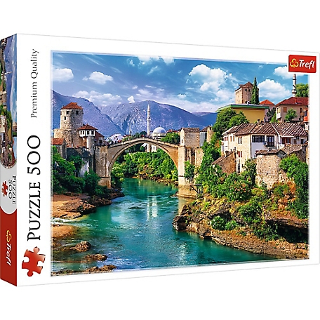 Trefl 500 pc. Old Bridge in Mostar Jigsaw Puzzle, Showcases Mountain Village in Bosnia Herzegovina