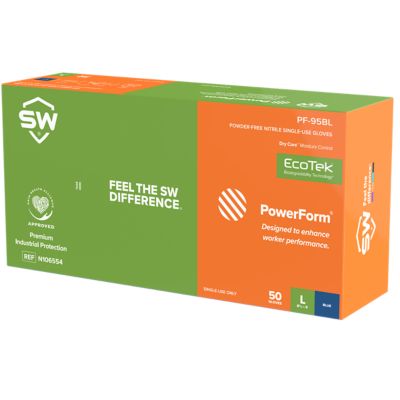Image showing  PowerForm 6.1 mil Dry Core Sweat-Absorbing Nitrile Exam Gloves, 50-Pack, Blue, Extra Large