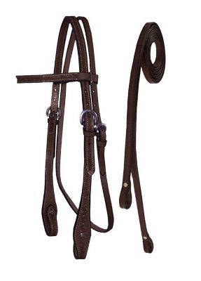 Tahoe Tack Leather Barbwire Western Hand-Tooled Browband Headstall with Matching Split Reins
