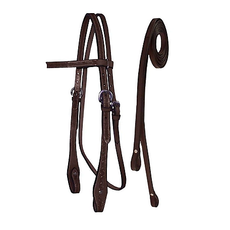 Tahoe Tack Leather Barbwire Western Hand-Tooled Browband Headstall with Matching Split Reins