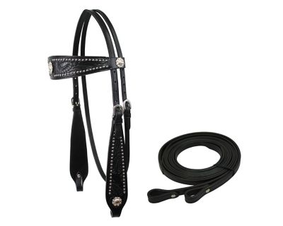 Tahoe Tack Hand-Tooled Spotted Browband Headstall with Split Reins, Midnight Black