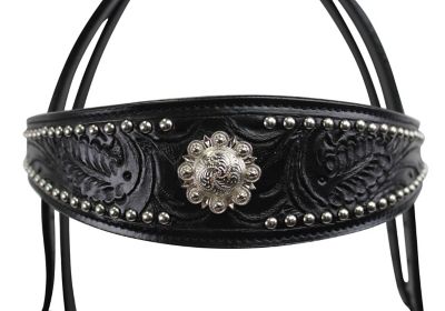 Image showing  Hand-Tooled Spotted Browband Headstall with Split Reins, Midnight Black