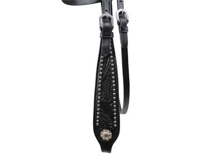 Image showing  Hand-Tooled Spotted Browband Headstall with Split Reins, Midnight Black