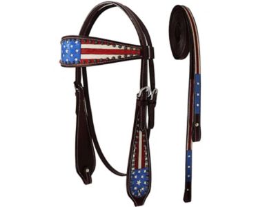 Tahoe Tack Leather Patriotic Opulent Flag Browband Headstall with Reins