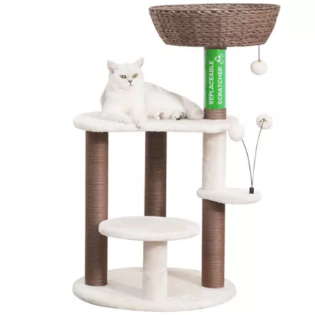 PetPals 35.5" 5-Tier Interactive Quartz Cat Tree with Hand-Woven Paper Rope Basket Scratching Posts and Cat Toys Cat Trees & Condos