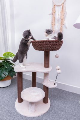 Image showing  35.5 in. 5-Level Quartz Interactive Cat Tree with Paper Rope Handwoven Basket, Scratching Posts and Cat Toys