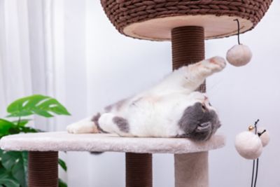 Image showing  35.5 in. 5-Level Quartz Interactive Cat Tree with Paper Rope Handwoven Basket, Scratching Posts and Cat Toys