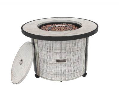 Legacy Heating 36 in. Outdoor Round Wicker Propane Fire Pit Table with Lid, Lava Rock, 50,000 BTU